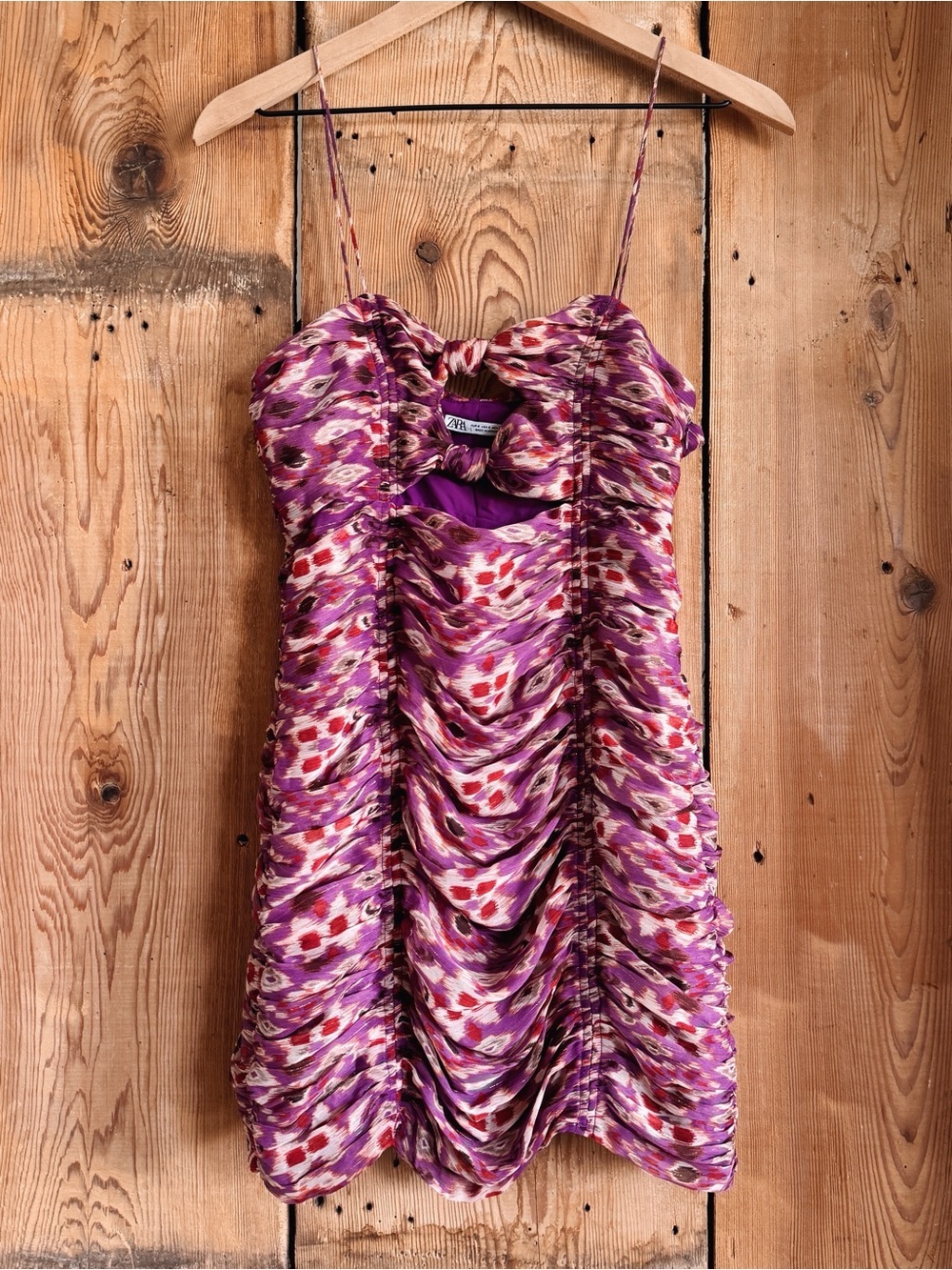 Sz S Zara Purple & Metallic Gold Boho Ruched Chiffon Cut-Out Mini Dress GUC